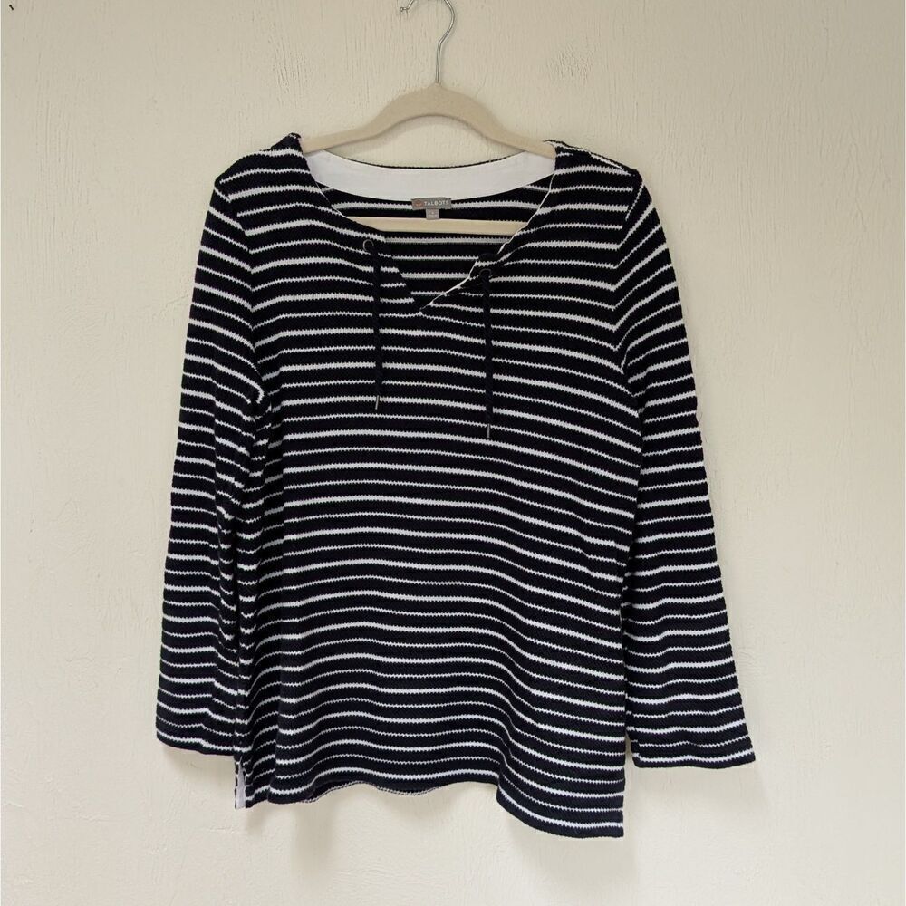 Talbots Knit Pullover Top Women's Large Navy Blue White Stripes Sweater